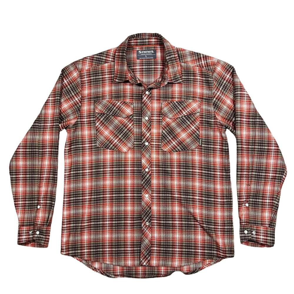 Simms Fishing Flannel Shirt Men’s Large Plaid Pearl Snap Outdoors Long Sleeve